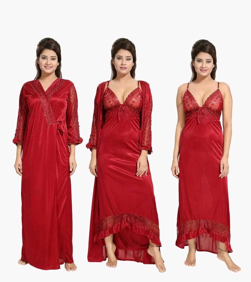Red Satin Lace Lingerie Set