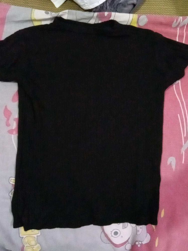 Black Closed Neck Ribbed Top