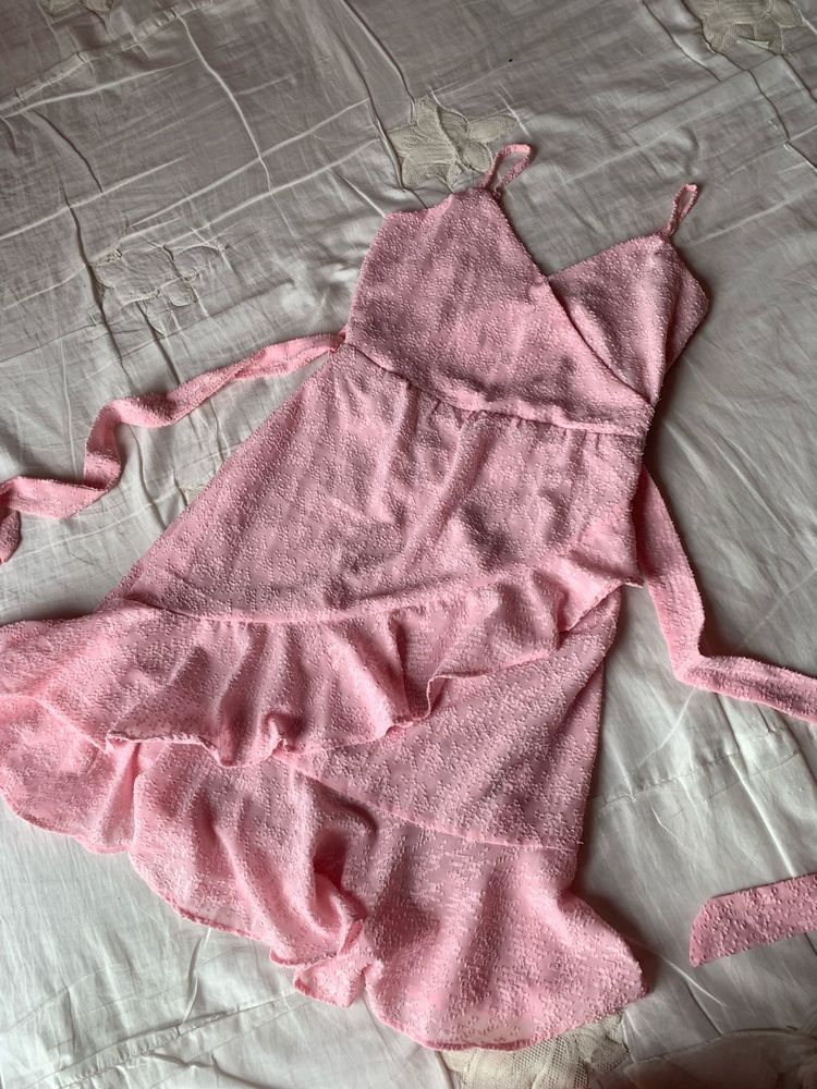 Pink Shoulder Strap Self Design Ruffled Dress