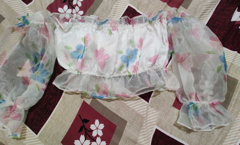 White Floral Off-Shoulder Crop Top Size -L