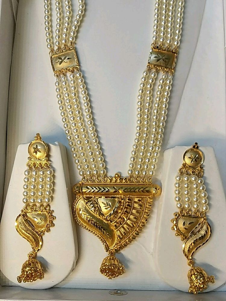 Long Pearl Necklace and Earrings Set Gold Plated Shri Hari Jewellery