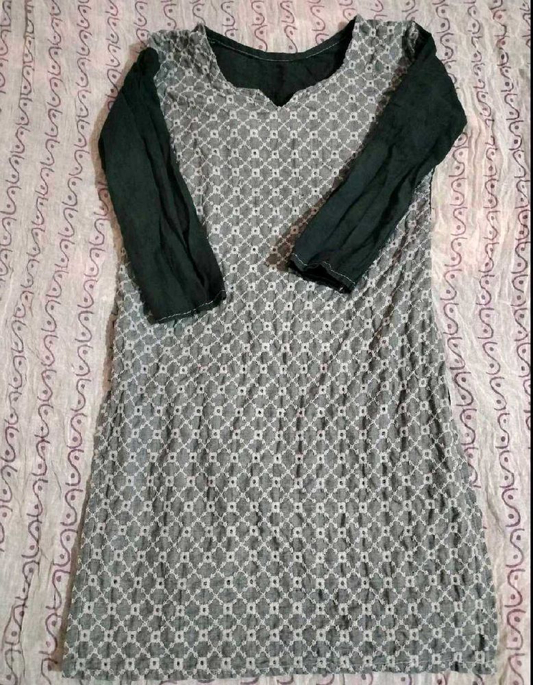 Grey and Black Jaali Net Embroidered Kurti
