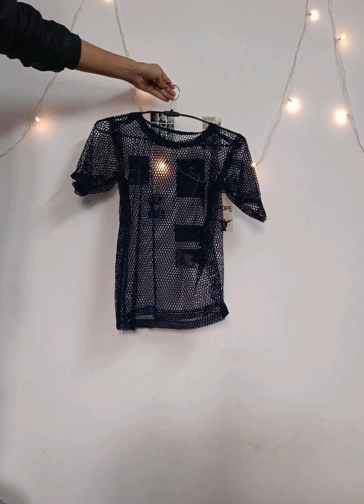 Navy blue mesh cover-up top