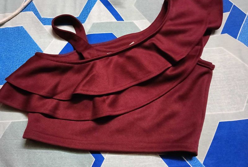 Burgundy Ruffle One Shoulder Crop Top