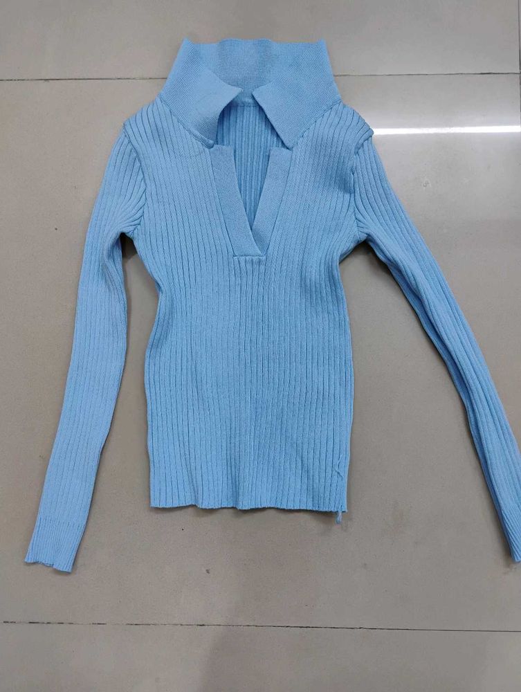 Blue Knit Long Sleeve Top