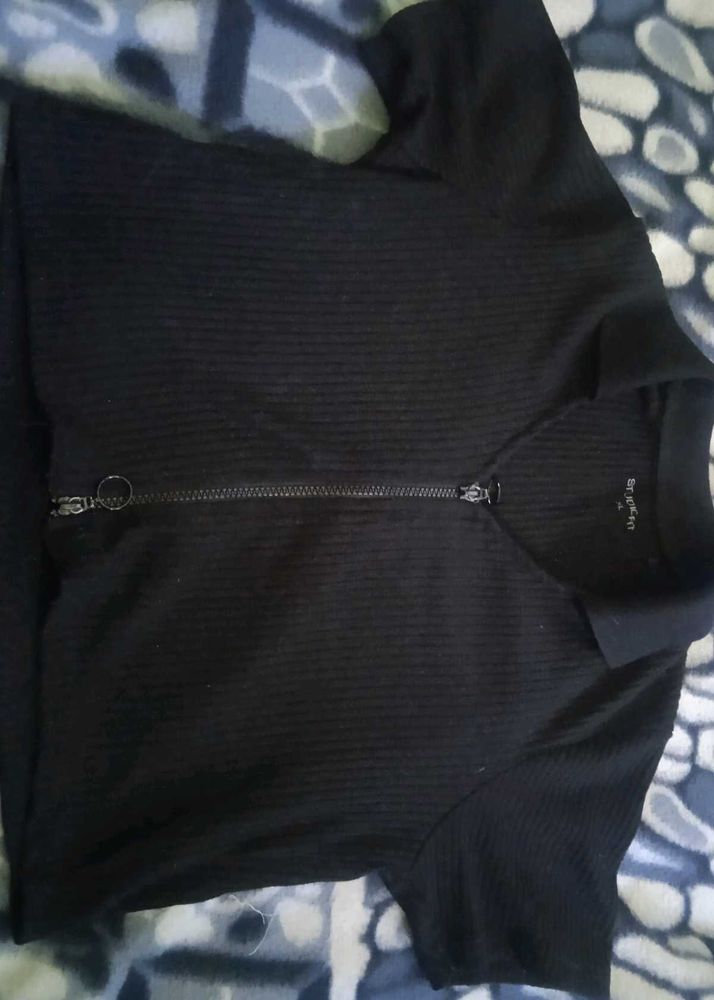 Black Zip-Up Ribbed Polo Top