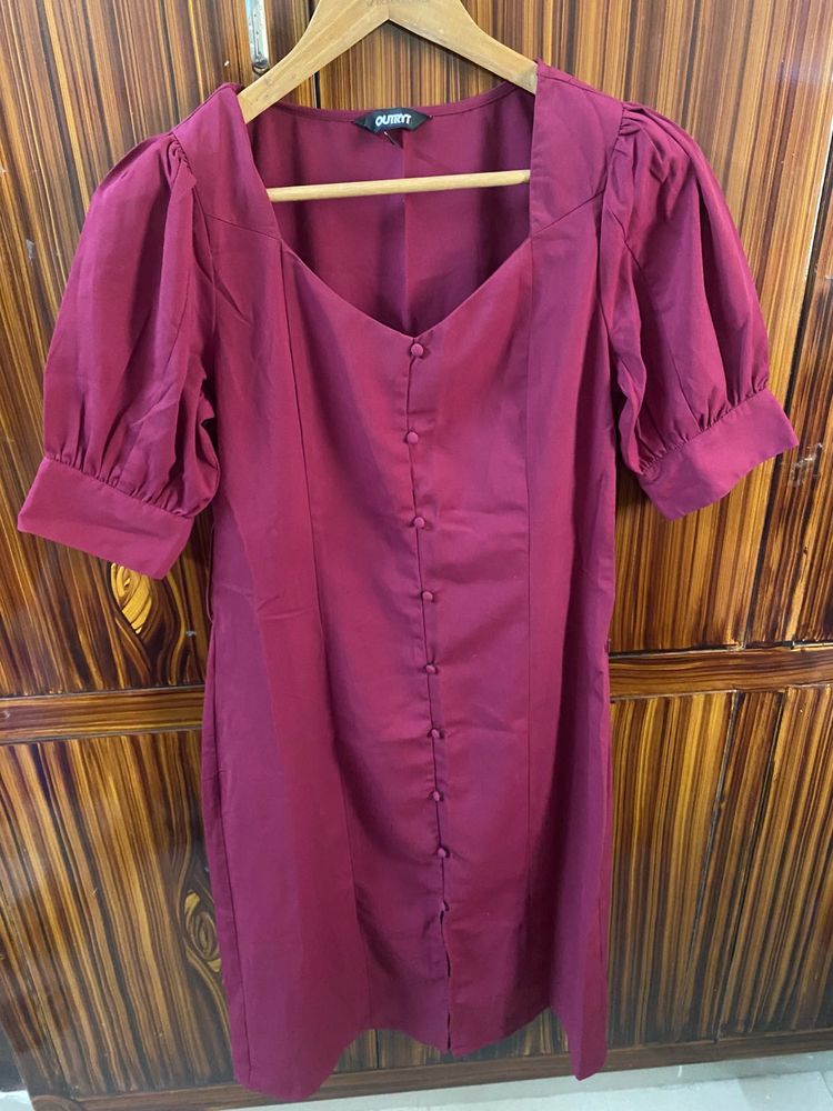Burgundy Puff Sleeve Mini Dress