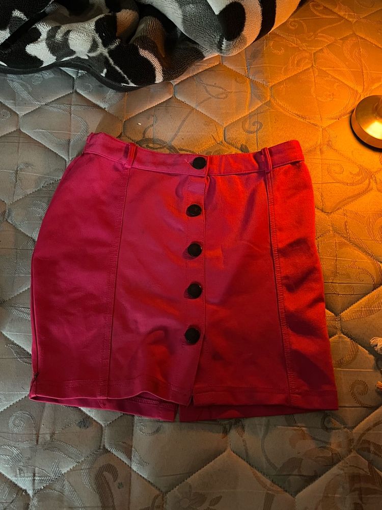 Pink Button-Front Mini Skirt