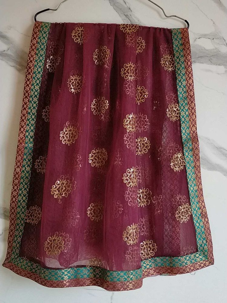 Burgundy &amp; Gold Embellished Dupatta With Border