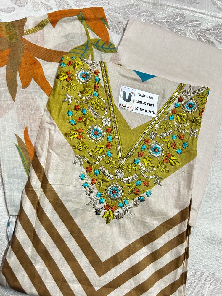 V-Neck Unstiched Suit - 100% COTTON
