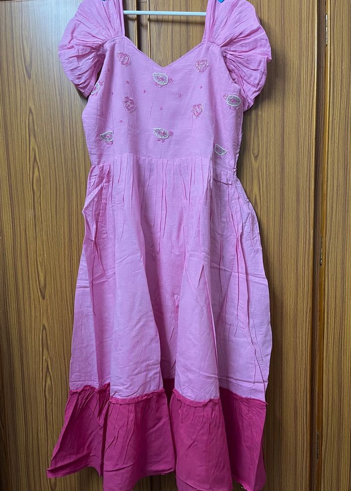 Pink Embroidered Cotton Dress - XL Size