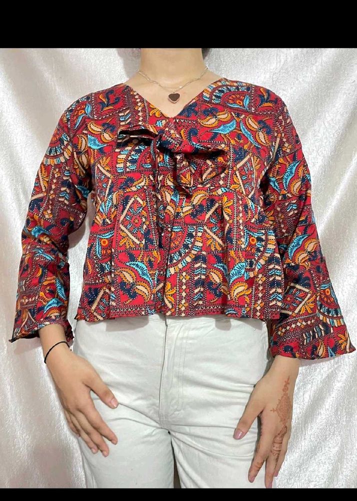 Patterned Tie-Front Top