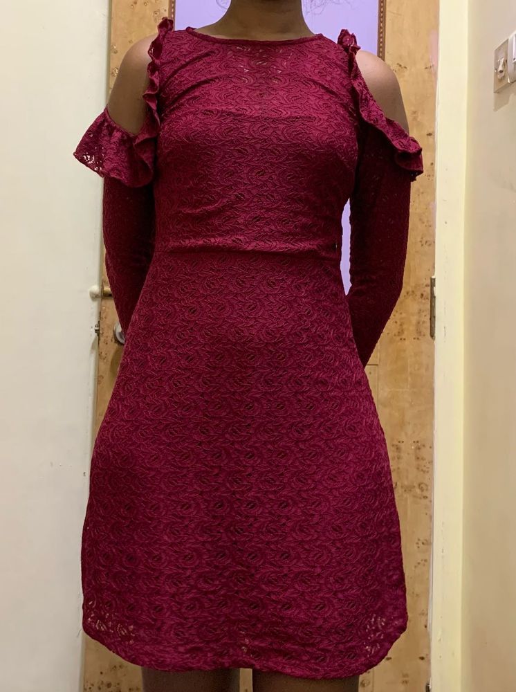 ONLY Burgundy Lace Cold Shoulder Dress