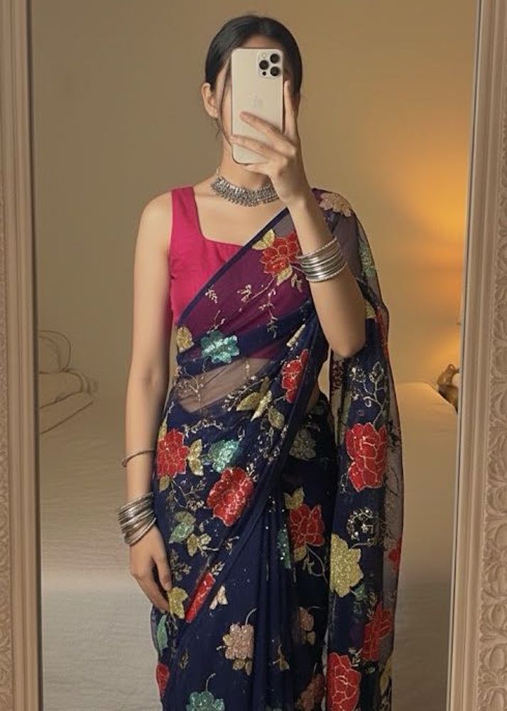 y2k Sequins Embroidered floral Saree