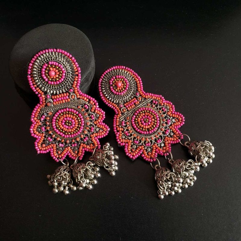 Pink Beaded Jhumka Earrings