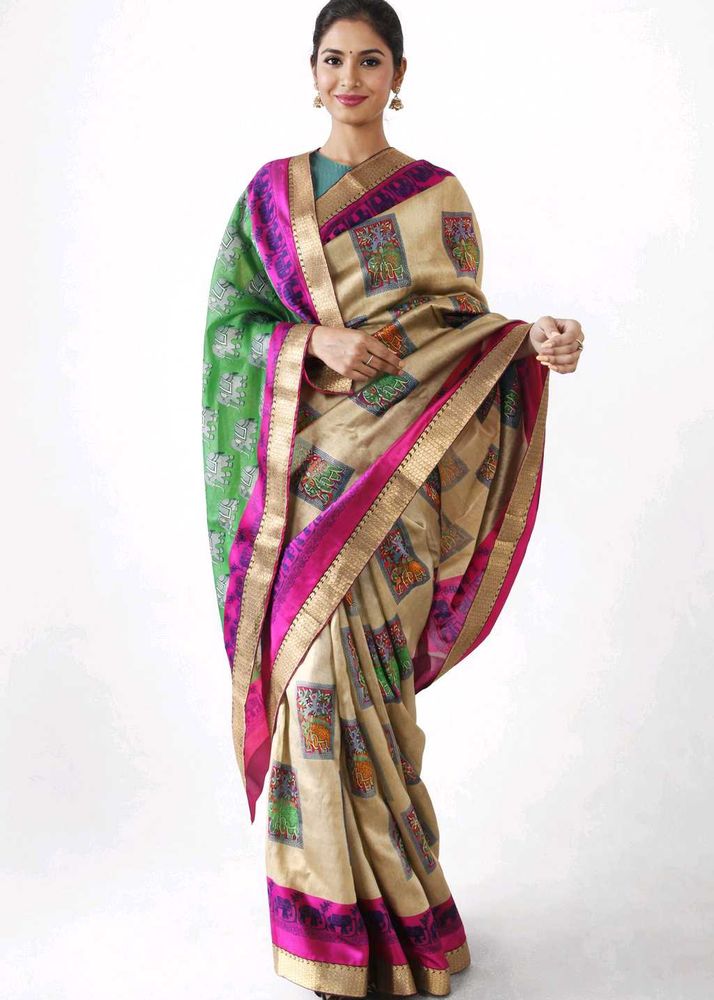 Elegant Printed Cotton Saree – Green &amp; Pink