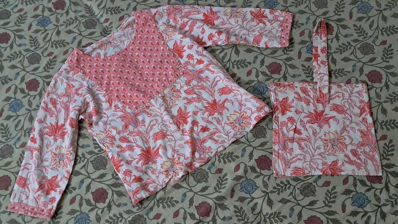 Floral Kurta And Tote Bag.