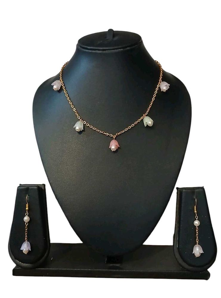 Flower Charm Necklace &amp; Earrings Set