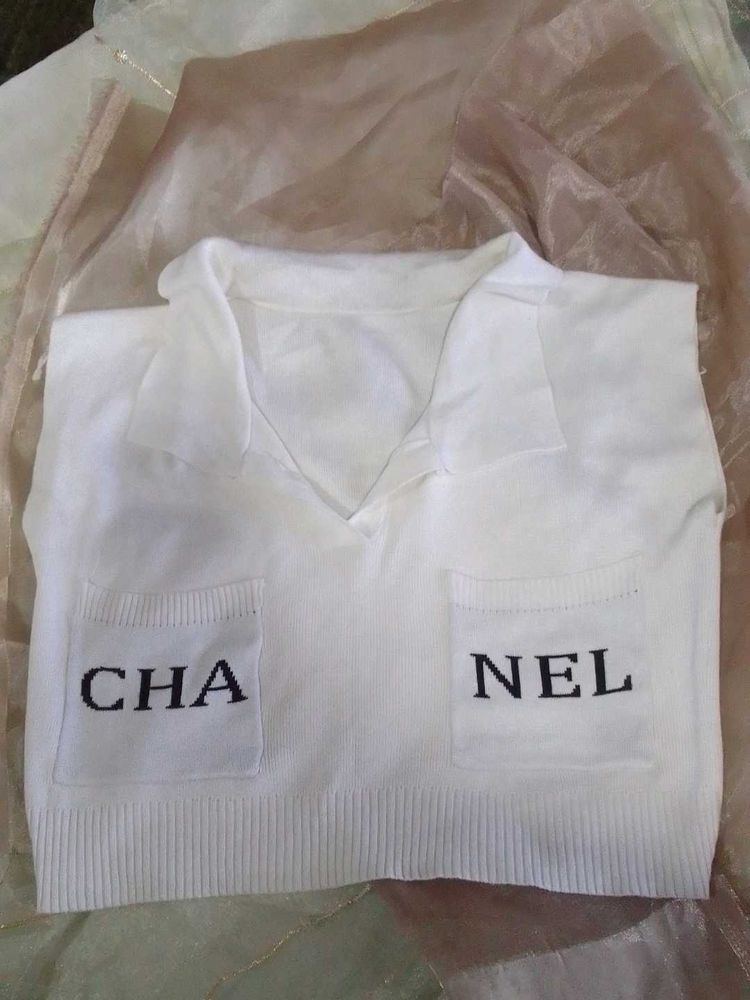 Ivory 'CHANEL' Knit crop top