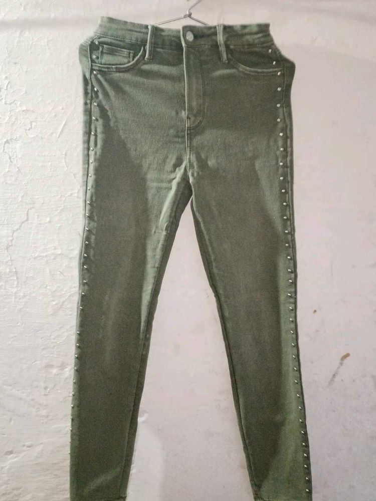 Studded Olive Green Skinny Jeans