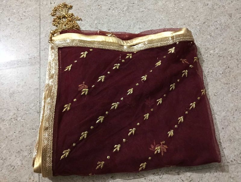 Bridal Maroon Net Dupatta with Gold Embellishments