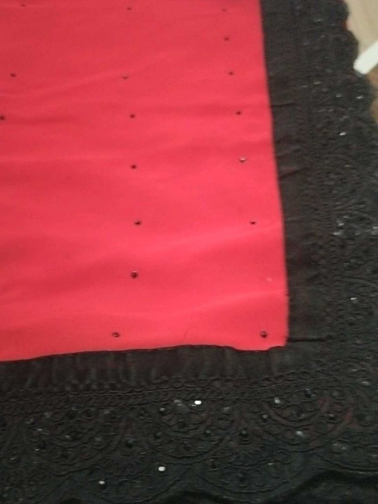 Red &amp; Black Embellished Saree