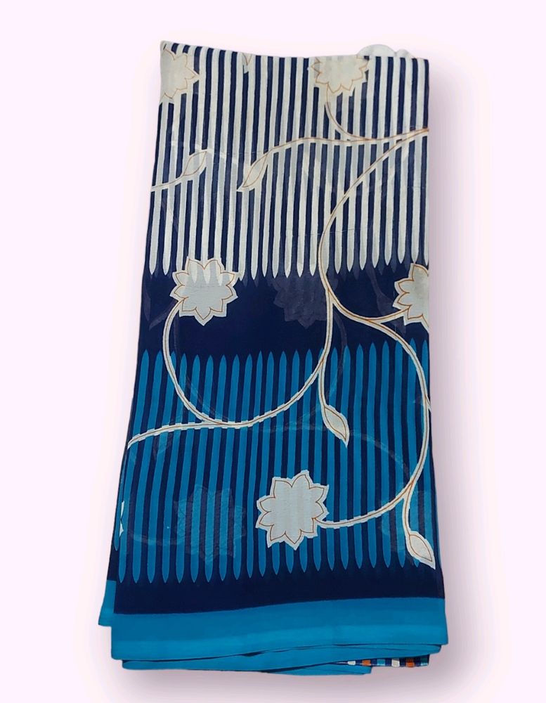Printed Blue Saree With Blouse
