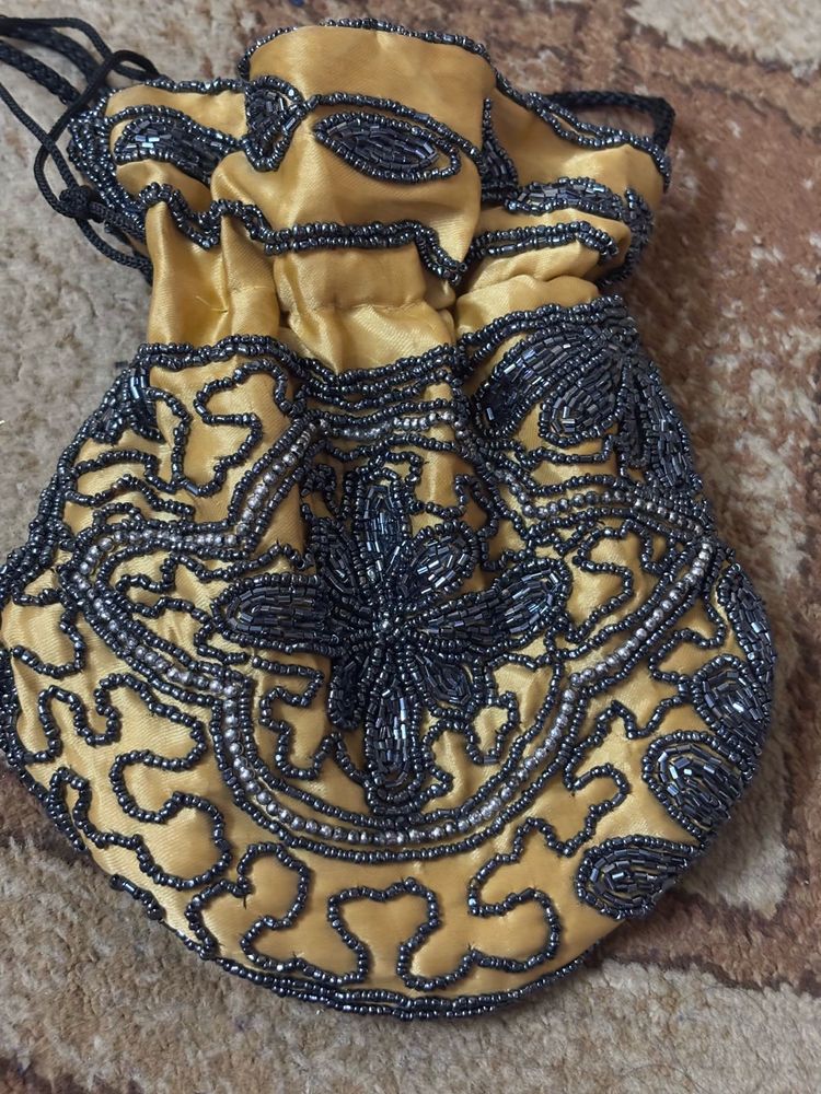 UNUSED Black Glass Beaded POTLI Drawstring Pouc