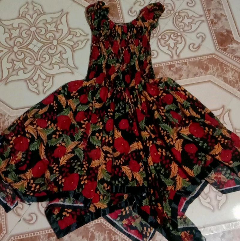 Beautiful Black Gown With Red And Green Design