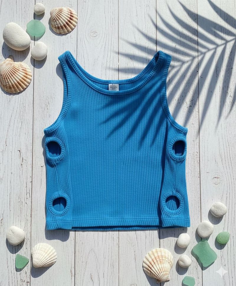 Blue Ribbed Cutout Tank Top