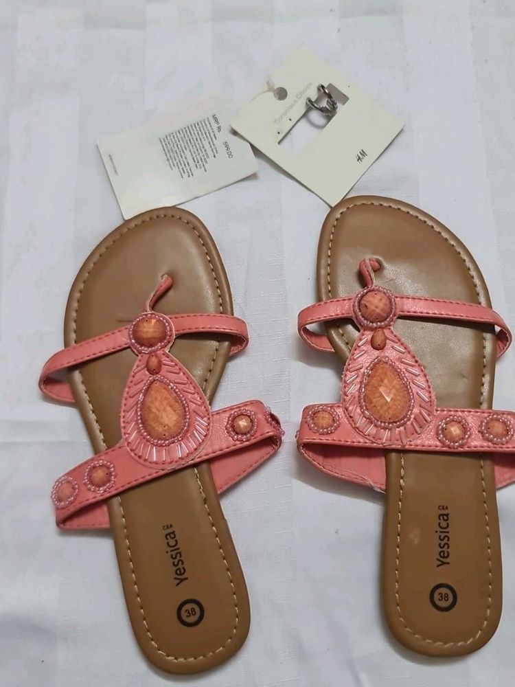 Combo-Coral Beaded Flip Flops With H.M Earning