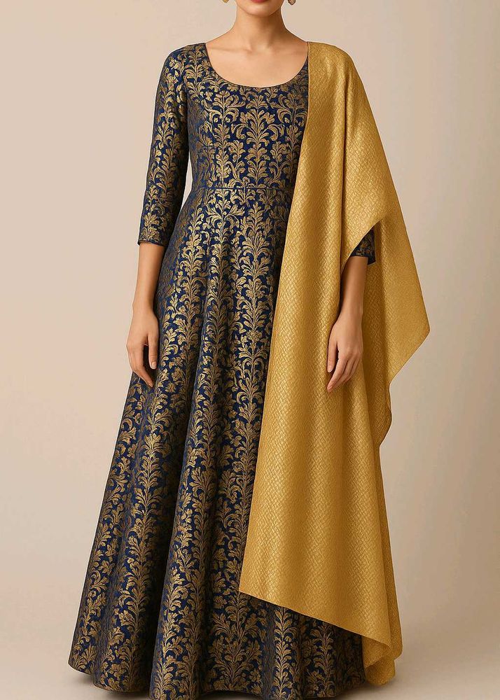Elegant Blue &amp; Gold Brocade Anarkali