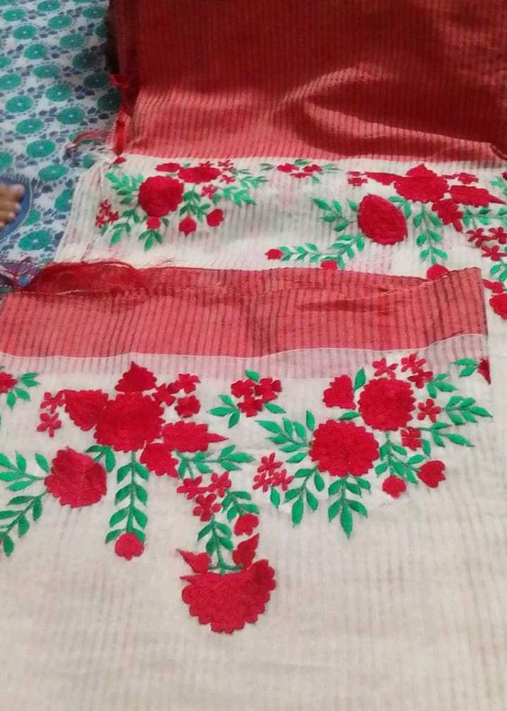 Beautiful Red &amp; White Embroidered Saree