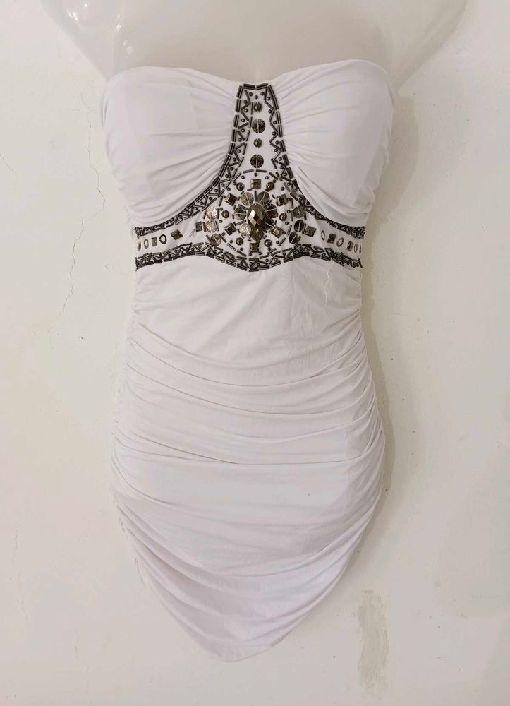 STUD&amp;SEQUIN BUSTIER BODYCON