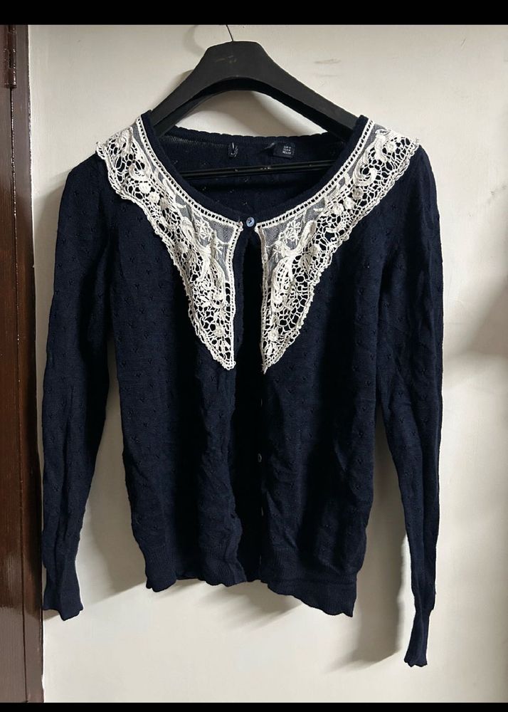 Navy Cardigan with Lace Detail