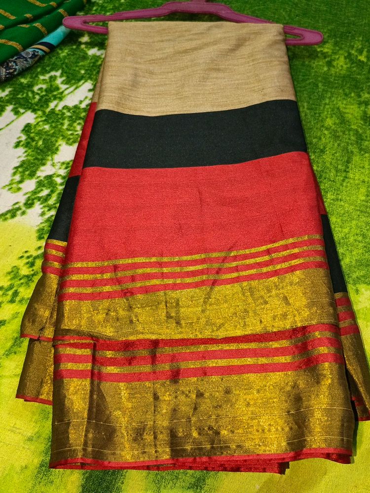 Red And Black Saare With Golden Border