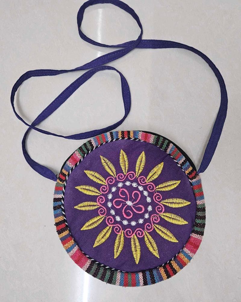 ROUND TRIBAL FLORAL EMBROIDERED CROSS BODY BAG