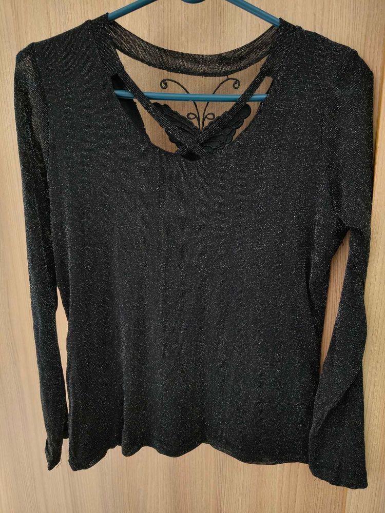 🦋Black Glitter Top Sheer Butterfly Lace Back