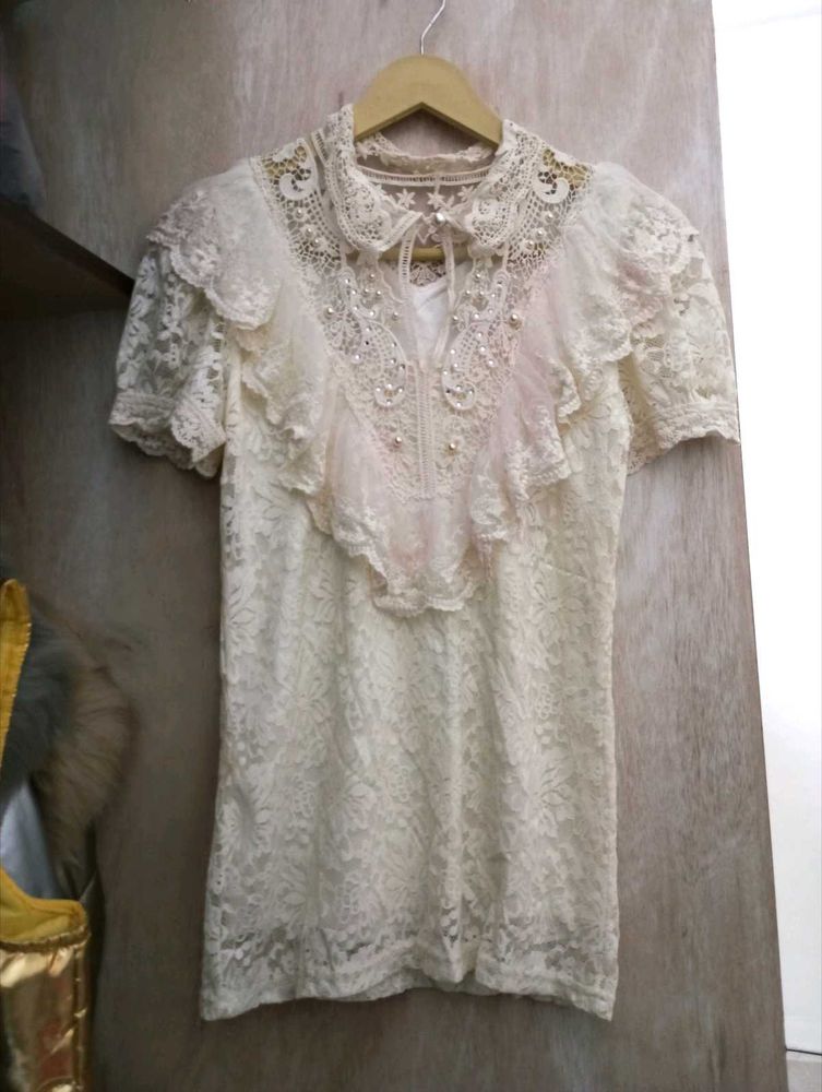Korean Lace Detail Top With Pearls &amp; Rhinestones