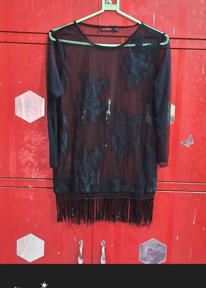 Black Sheer Fringe Top