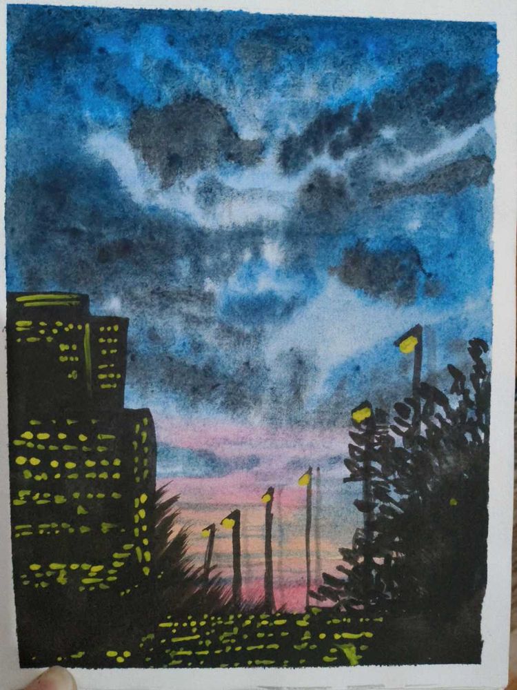 City at Dusk Watercolor Painting