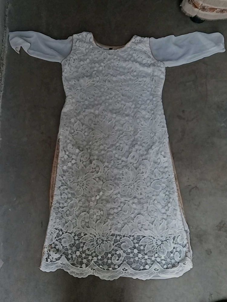 Elegant White Lace Kurti with Sheer Sleeves