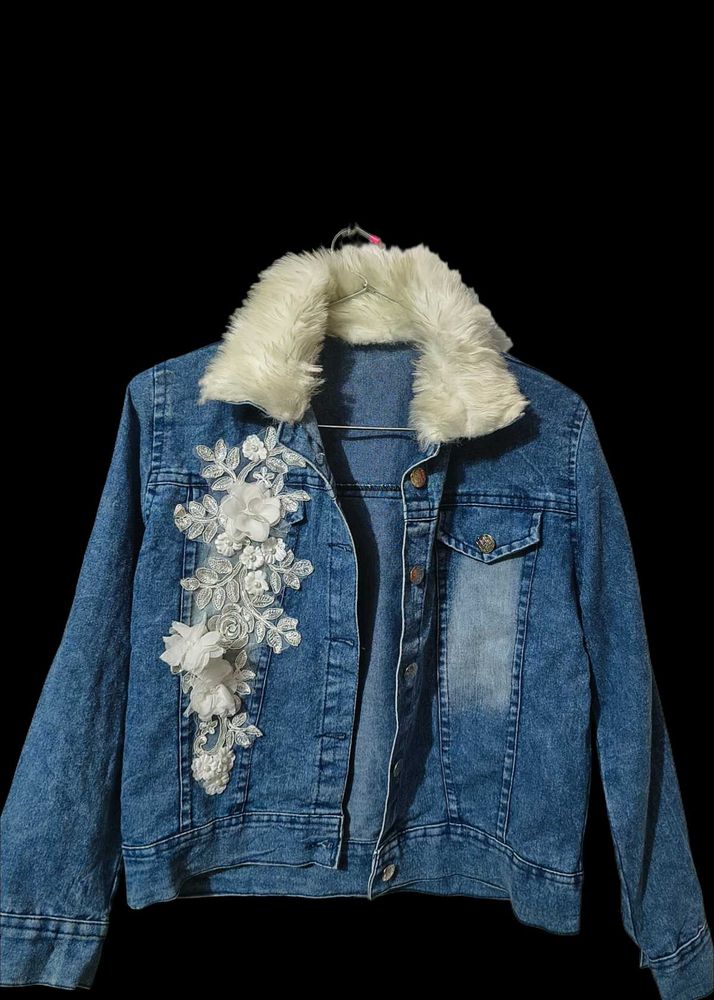 Floral Embellished Denim Jacket With Fur Collar