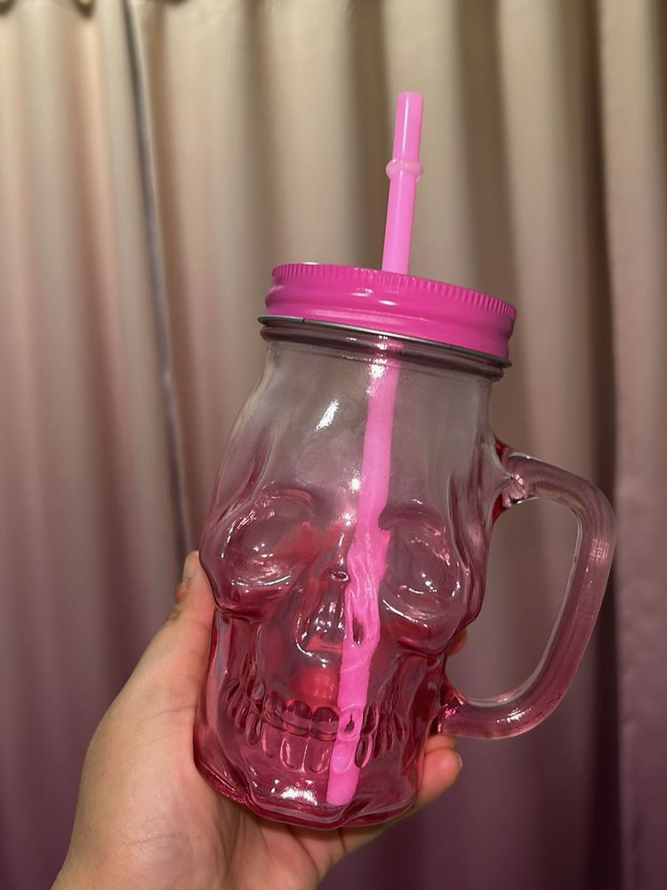 Pink Glass Skull Mug With Straw