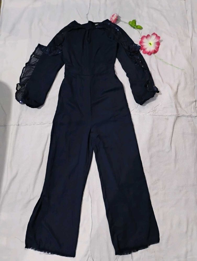 Navy Blue Sequin Sleeve Jumpsuit(Bust-30)