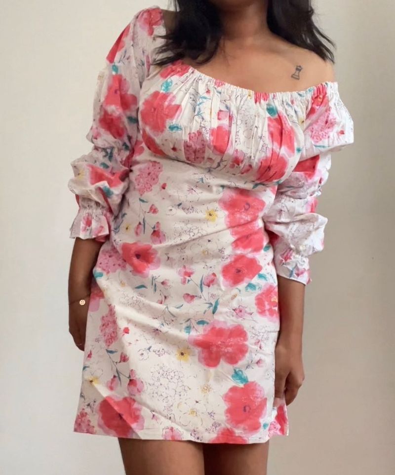 White Pink Floral Bodycon Dress Off Shoulder