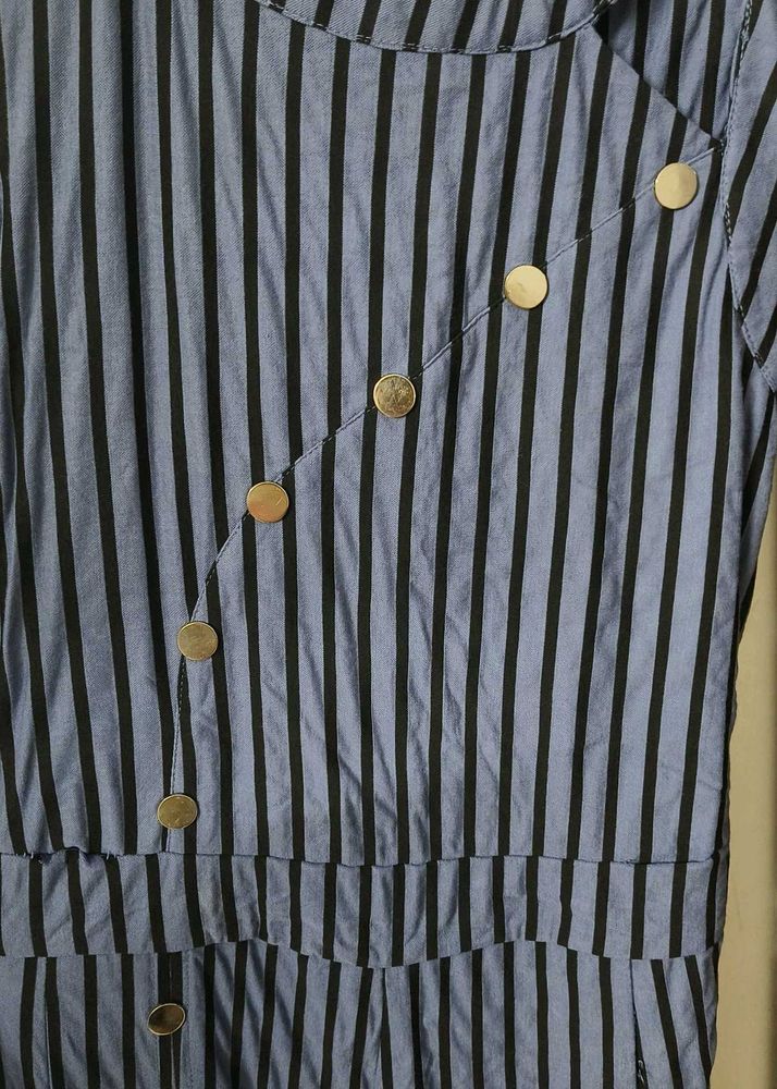 Blue Stripped Jumpsuit With Leg Cutout