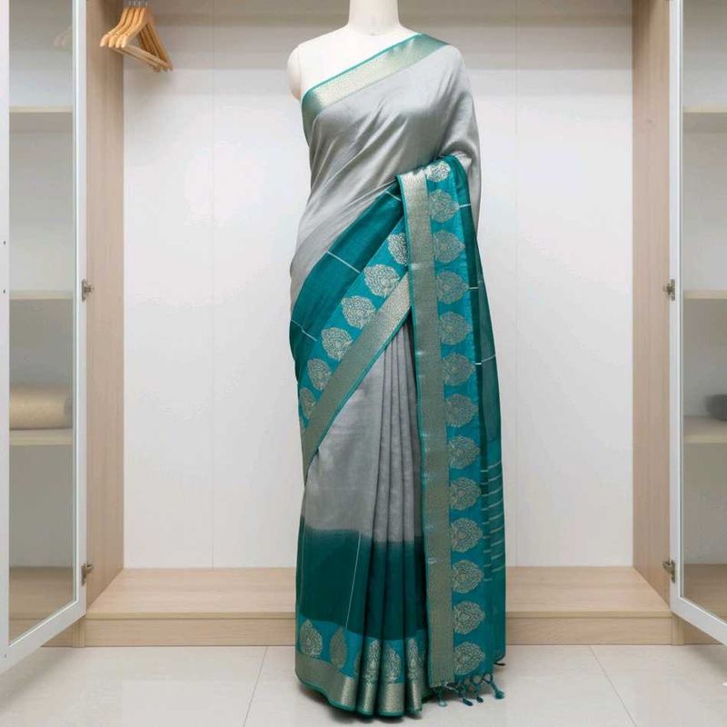 Italian Silk Teal &amp; Silver Soft Saree
