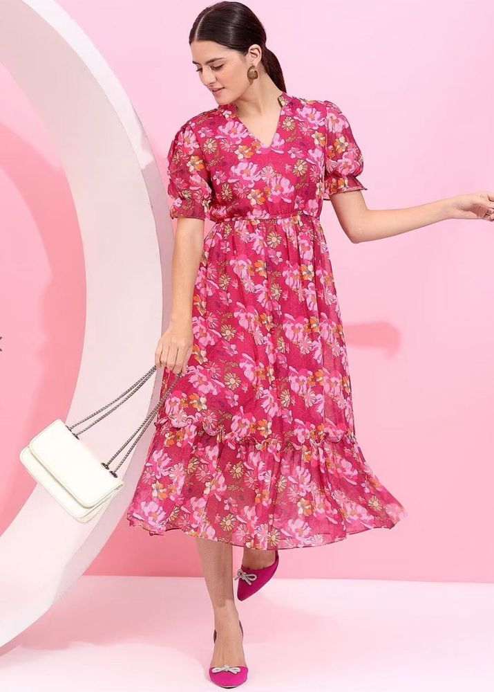 Floral Pink Midi Dress-XL Size