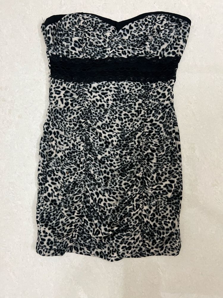 Animal Print With Lace Band Black&amp;white  Dress